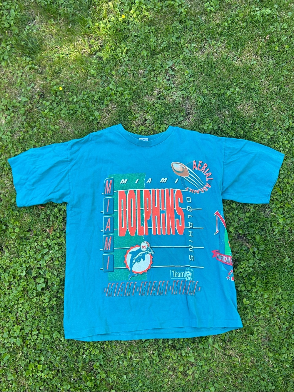 NFL SALEM Miami Dolphins aerial assault spellout tshirt 1992